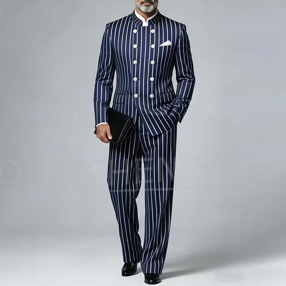 Men Formal Wear For Wedding - Men Striped Suit 2 Piece Mandarin